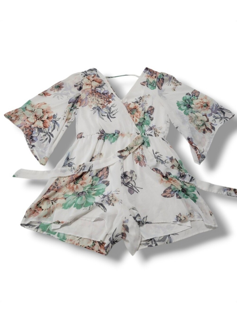 Bailey Blue Romper Size Large Faux Wrap Romper Kimono Sleeve Summer Boho Floral